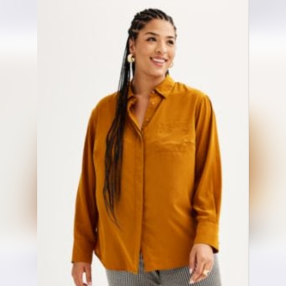 Nine West Long  Sleeve Drapey Button Down Shirt Dark Mustard  cognac New Nwt 2X - Picture 1 of 7